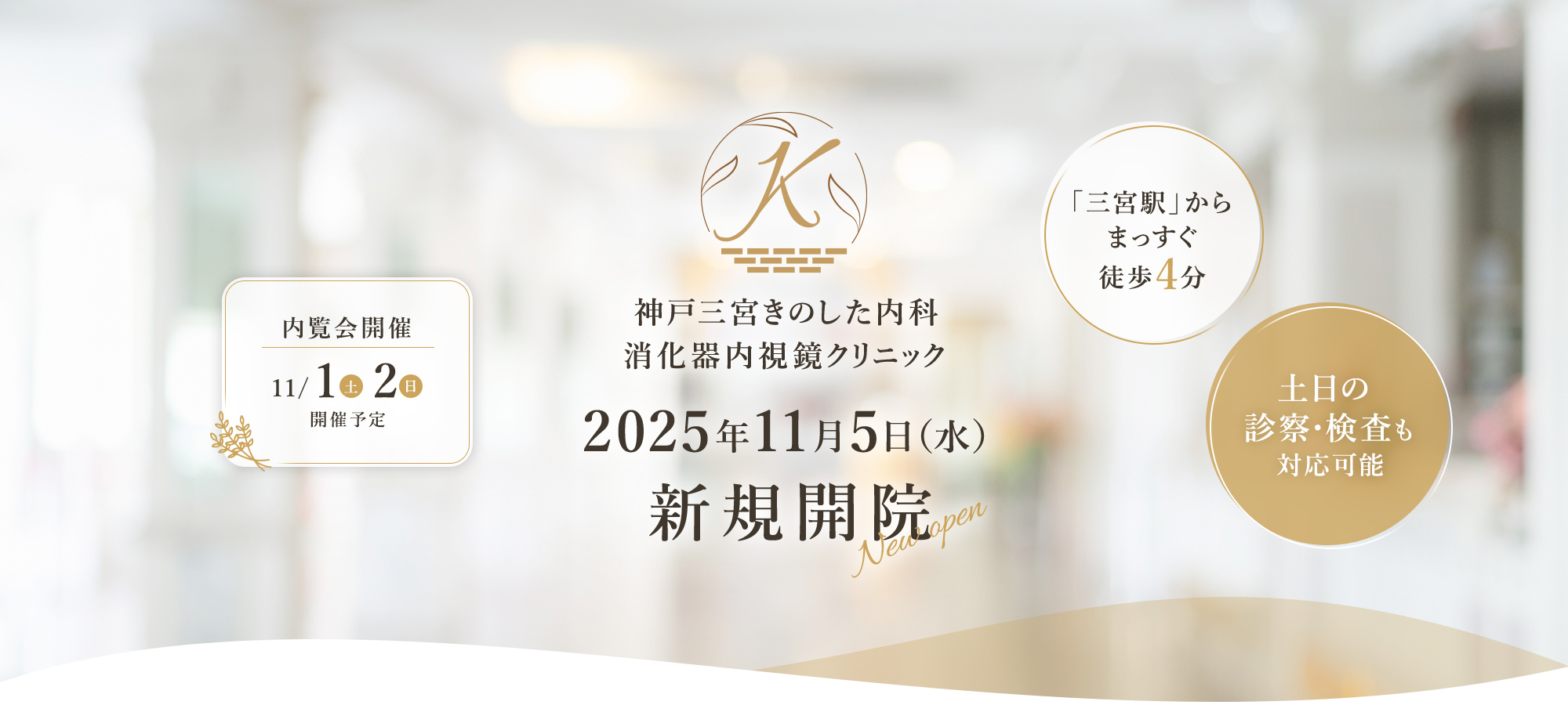神戸三宮木下内科 消化器内視鏡クリニック 2025年11月5日（水）新規開院 内覧会開催11/1（土）2（日）開催予定 「三宮駅」から まっすぐ徒歩4分 土日の診察・検査も対応可能